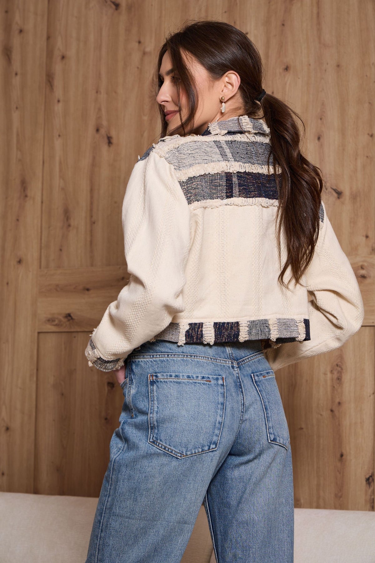 Patchwork Tweed Denim Jacket - IVORY