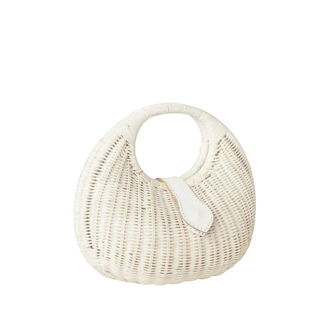Shop Sarah Stewart Matilda white wicker handbag with leather strap detail and cotton lining. Modern, relaxed luxury.
