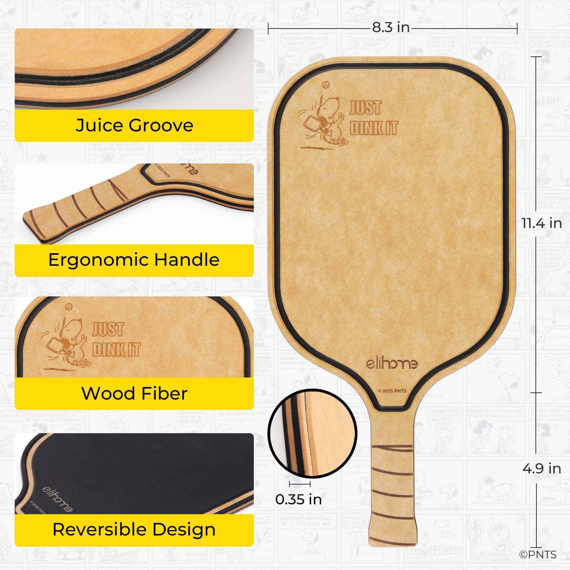 Wooden pickleball paddle with features listed on a white background