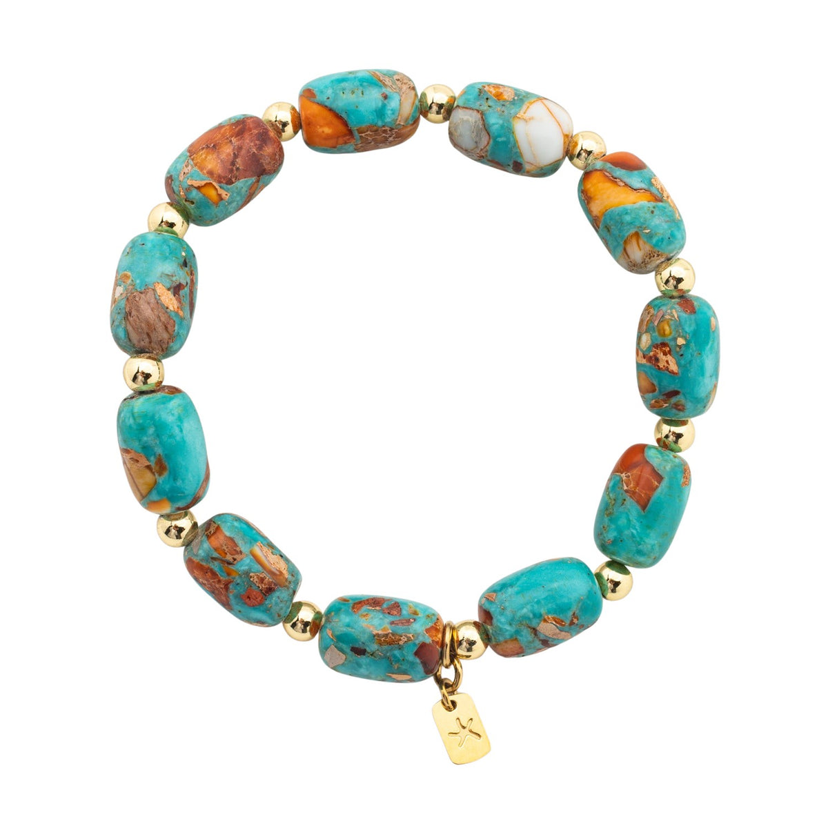 Photo of emperor stone bracelet, colorful  blue, orange, and white stones, gold starfish logo, jewelry gift store, womens bracelet