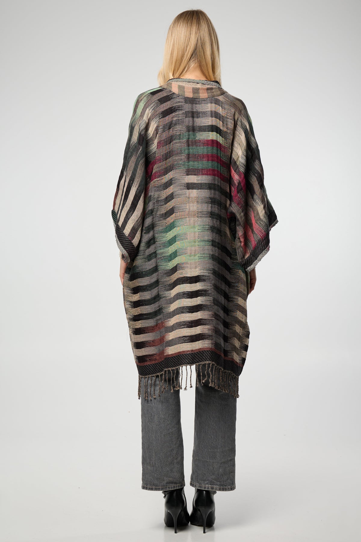 Cotton Retro Striped Fringe Long Jacket - Gray