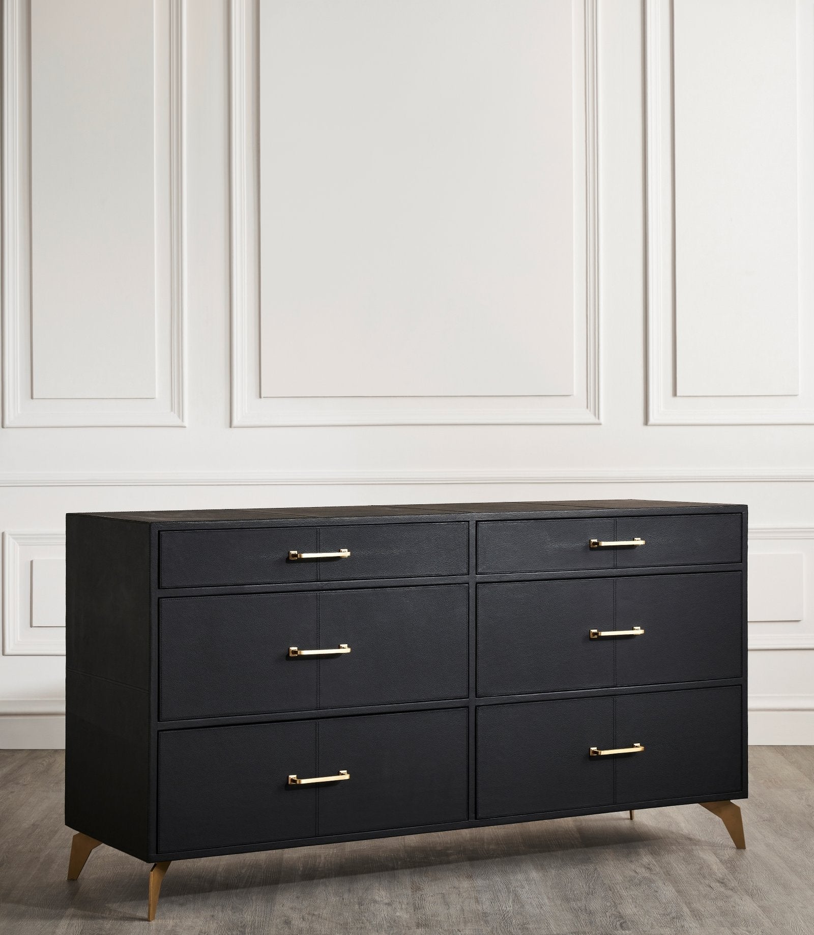 FN-5200-642033_4|Sophisticated black leather six-drawer dresser, showcasing rich texture and modern gold-finished hardware, perfect for bedrooms.