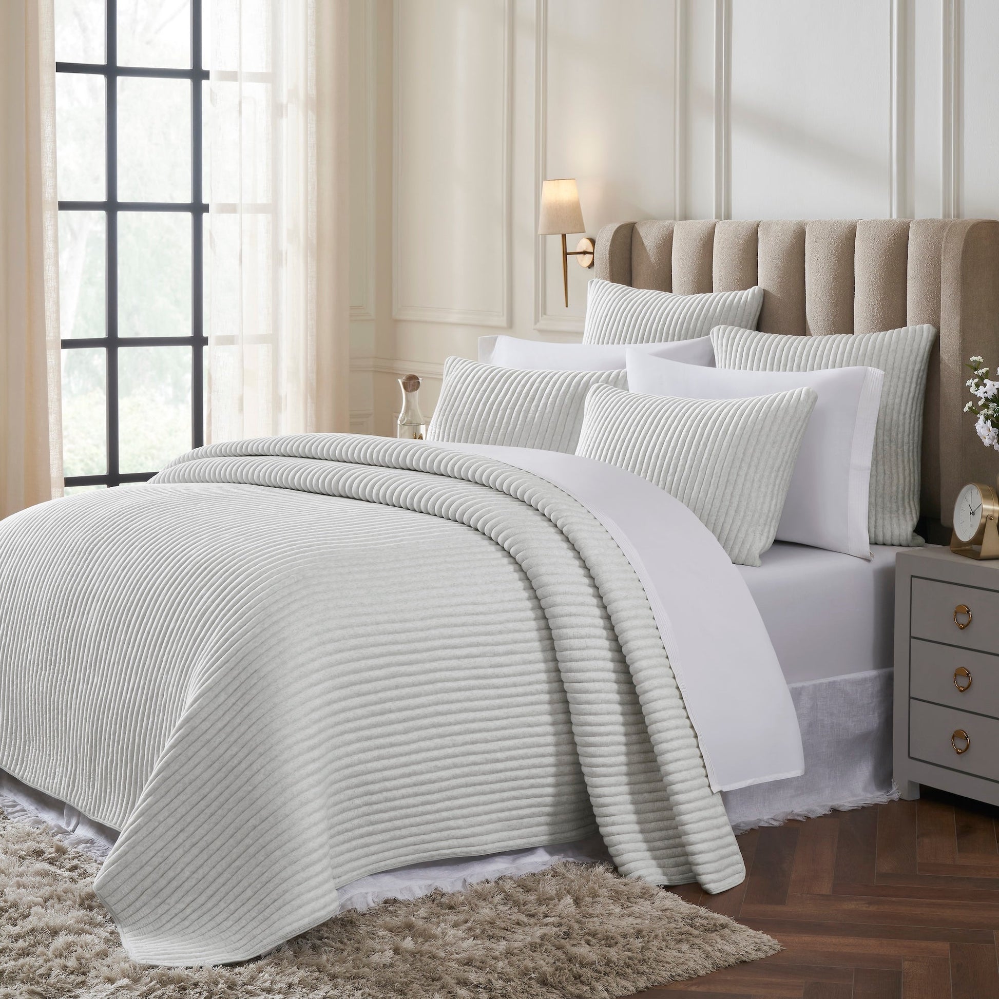 QT-374-11096_2|Cozy light grey ribbed quilt set enhancing a bright bedroom, providing soft comfort and an elegant, serene bedding ensemble.