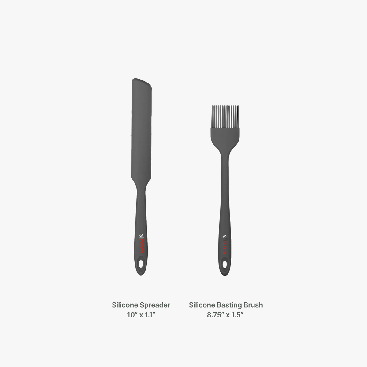 Elihome Silicone Spreader measuring 10 inches by 1.1 inches shown beside the Elihome Silicone Basting Brush measuring 8.75 inches by 1.5 inches