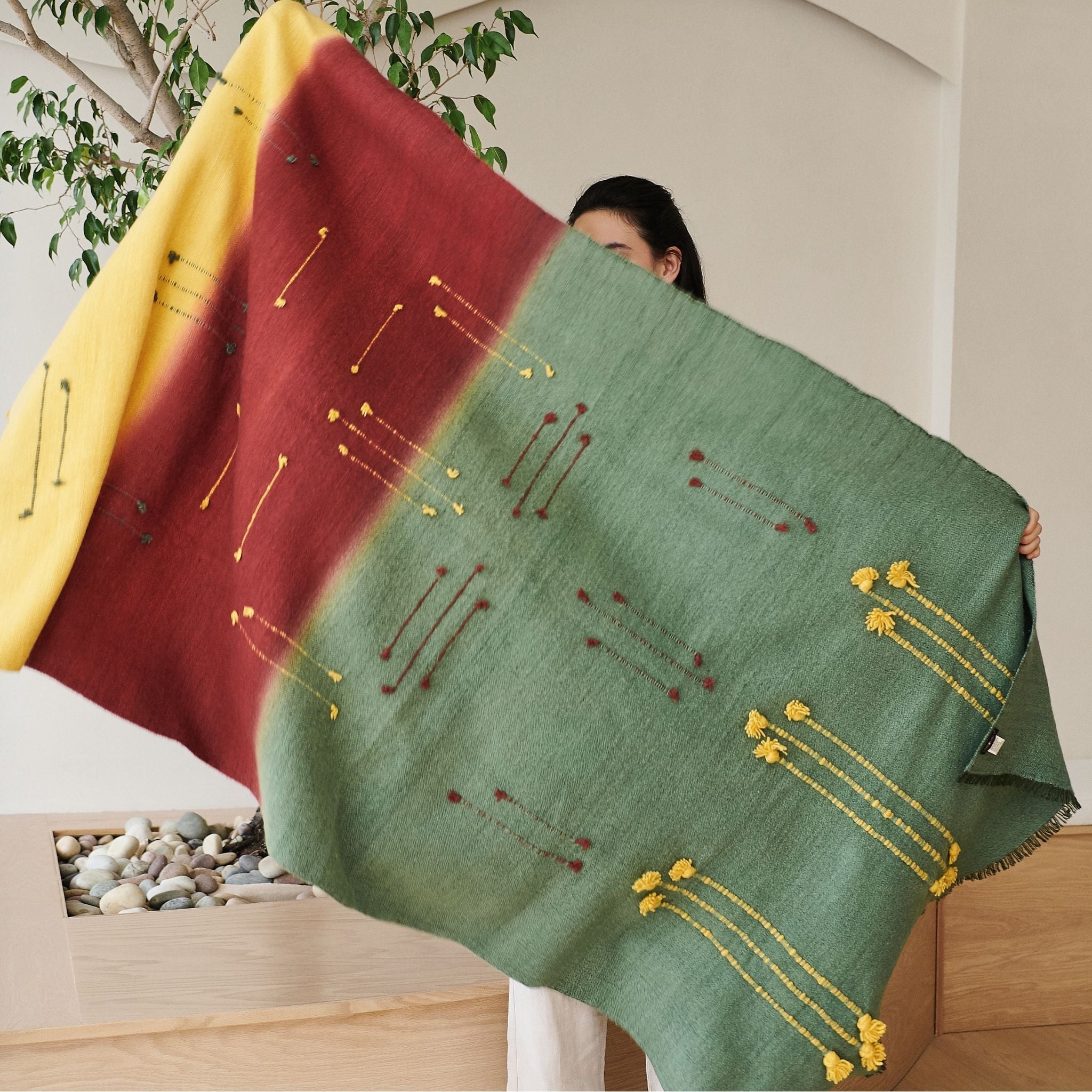 Avocado Multi Color Warm Hues Hand Woven Hand Knotted Textured Merino Throw