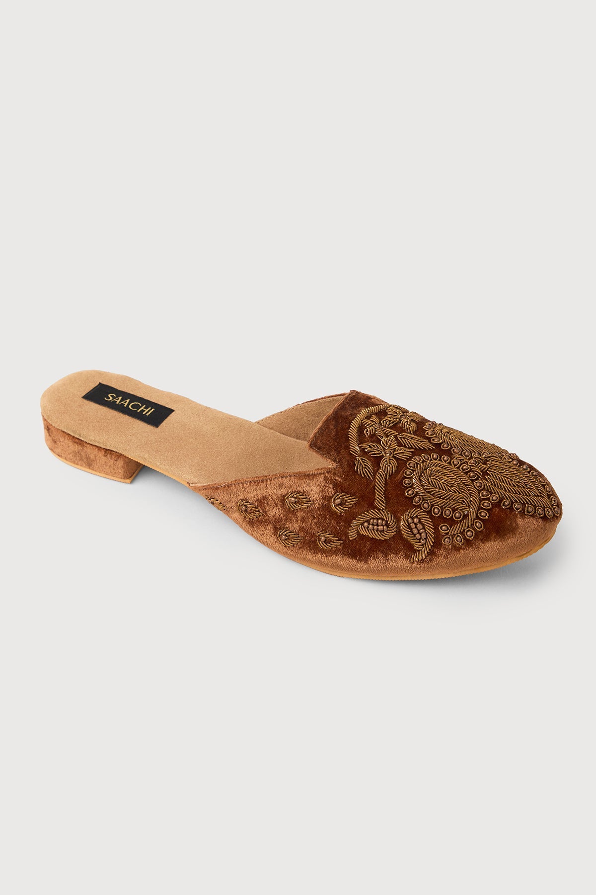 Bronze Embroidered Velvet Mules - Brown