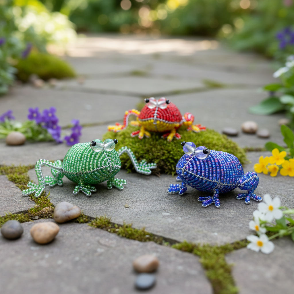 Close-up of colorful beaded frog figurines on a garden stone pathway with moss and flowers