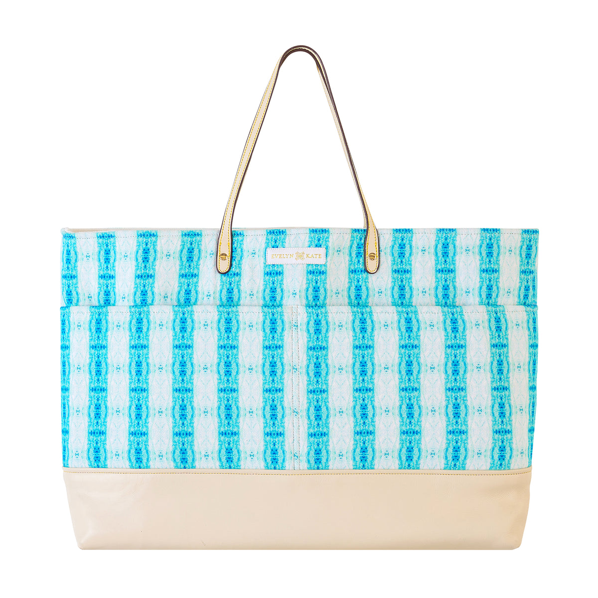 Island Tropical Blue  Striped Canvas Tote with Leather Base