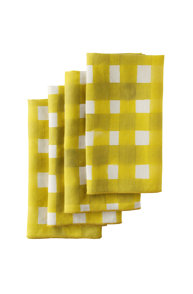 Yellow Cross-Hatch linen dinner napkin set of 4 with painterly brushstroke cross-hatch in gold - Goldie Home