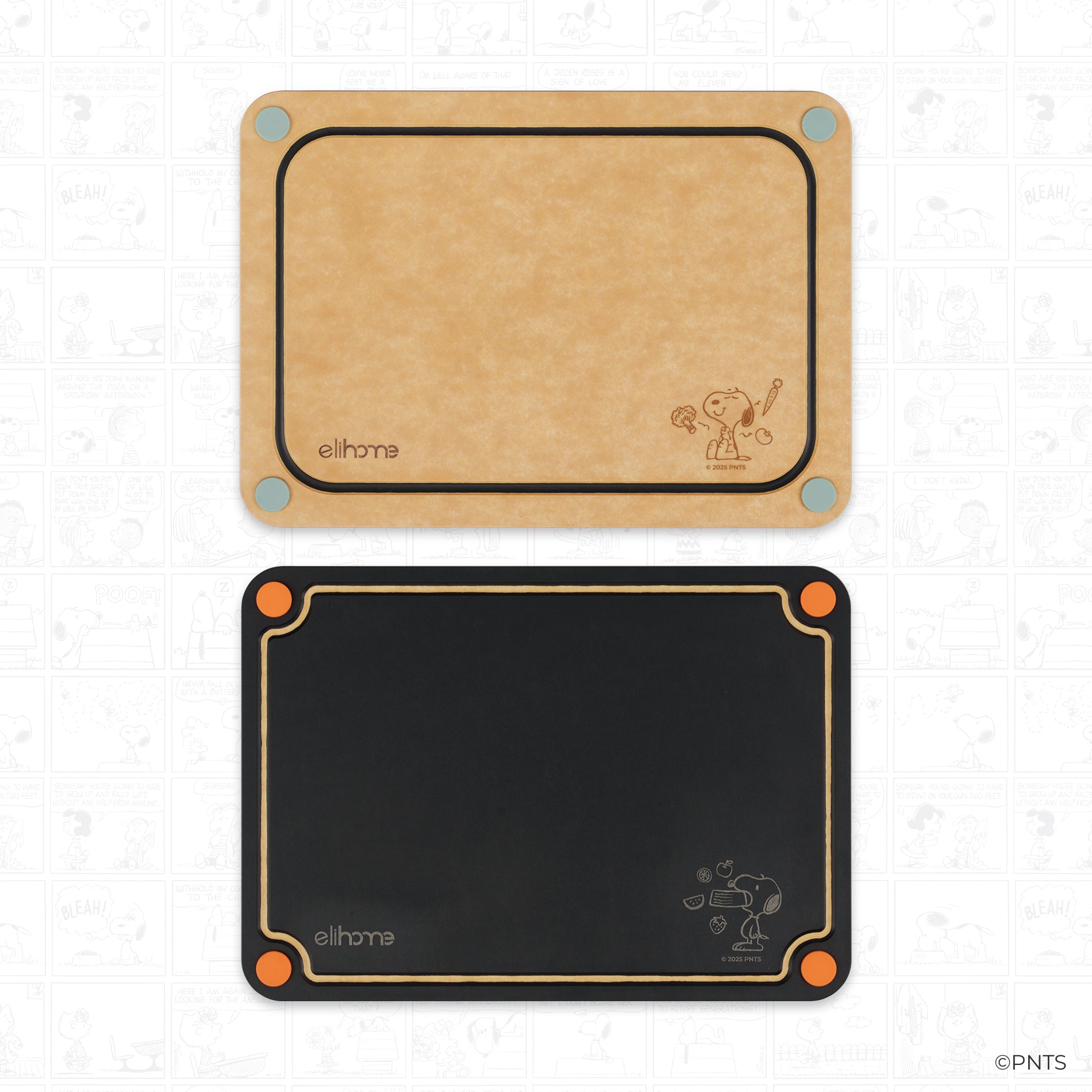 Elihome x Peanuts cutting board set with packaging on a white background