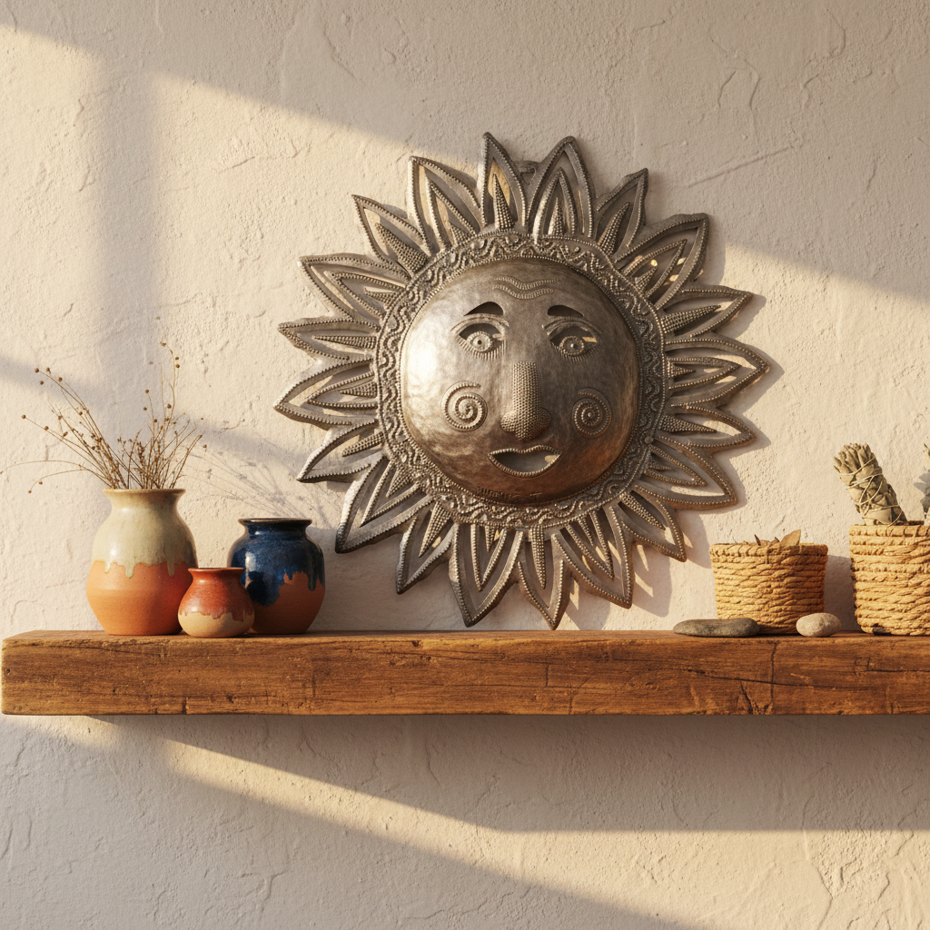 SM650 Sunshiny fair trade Haitian metal sun art displayed in artisan studio setting