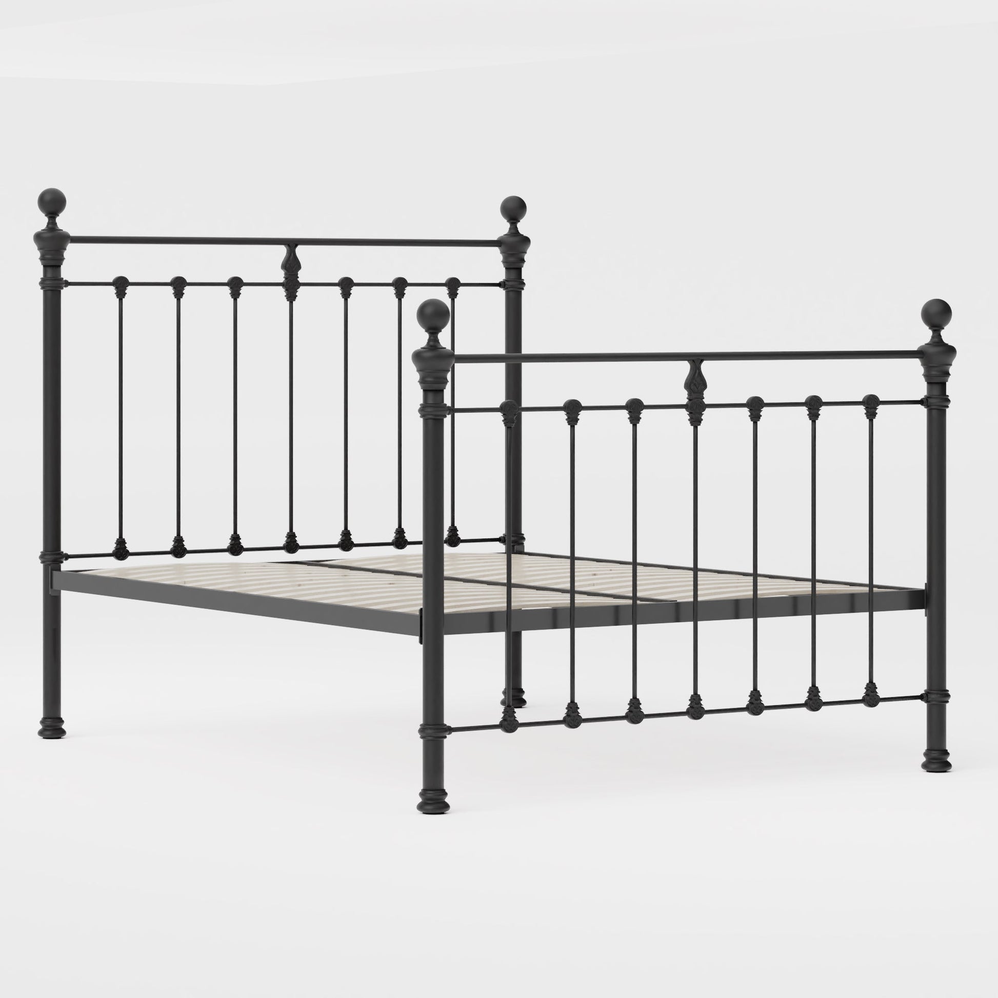 MB-204-6080_4|Sturdy black metal bed frame with decorative finials and robust wooden slats, perfect for a modern or industrial bedroom.