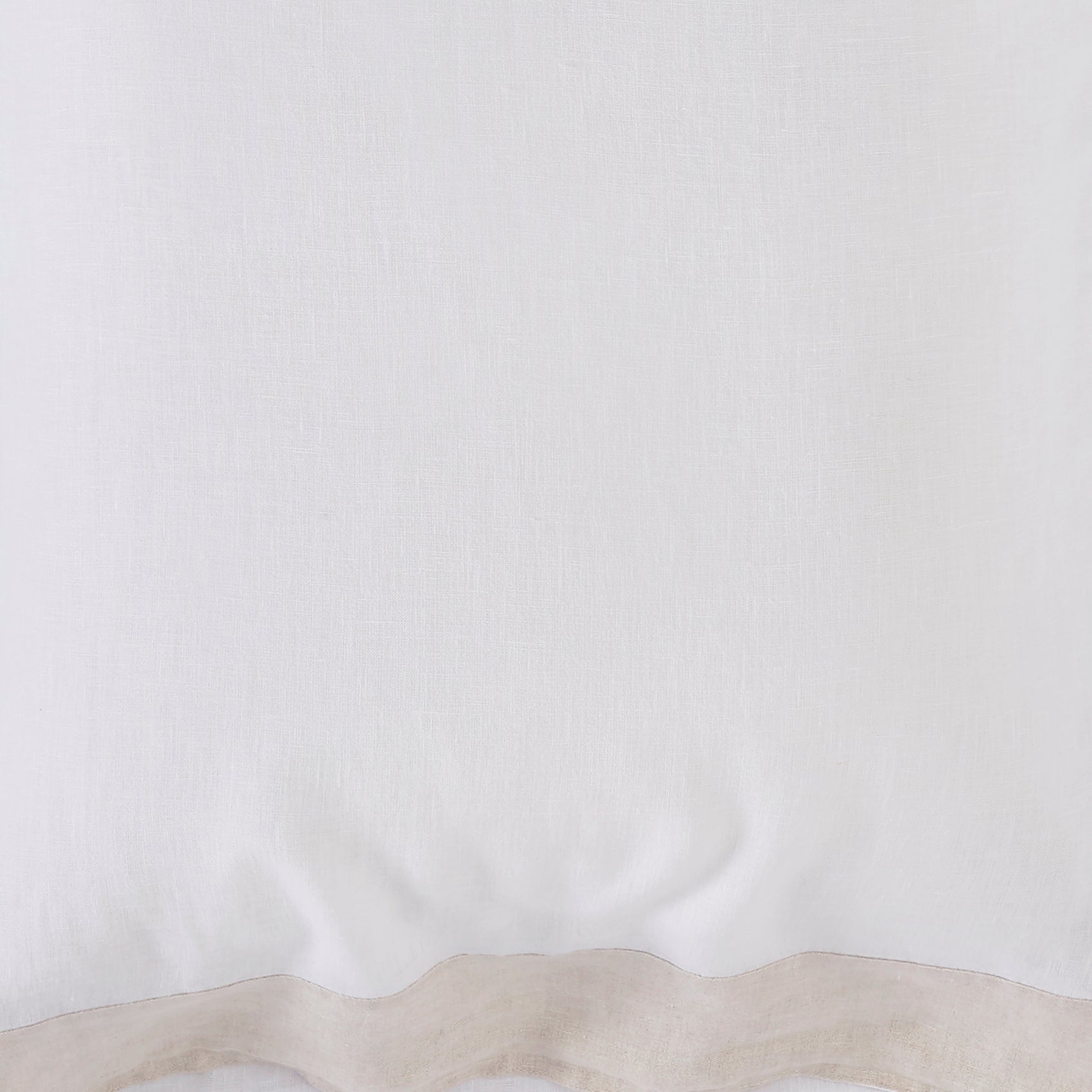 AKP-517-2040_2|Close-up of crisp white 100% linen sheets fabric with natural beige border. Soft, breathable, luxurious bedding.