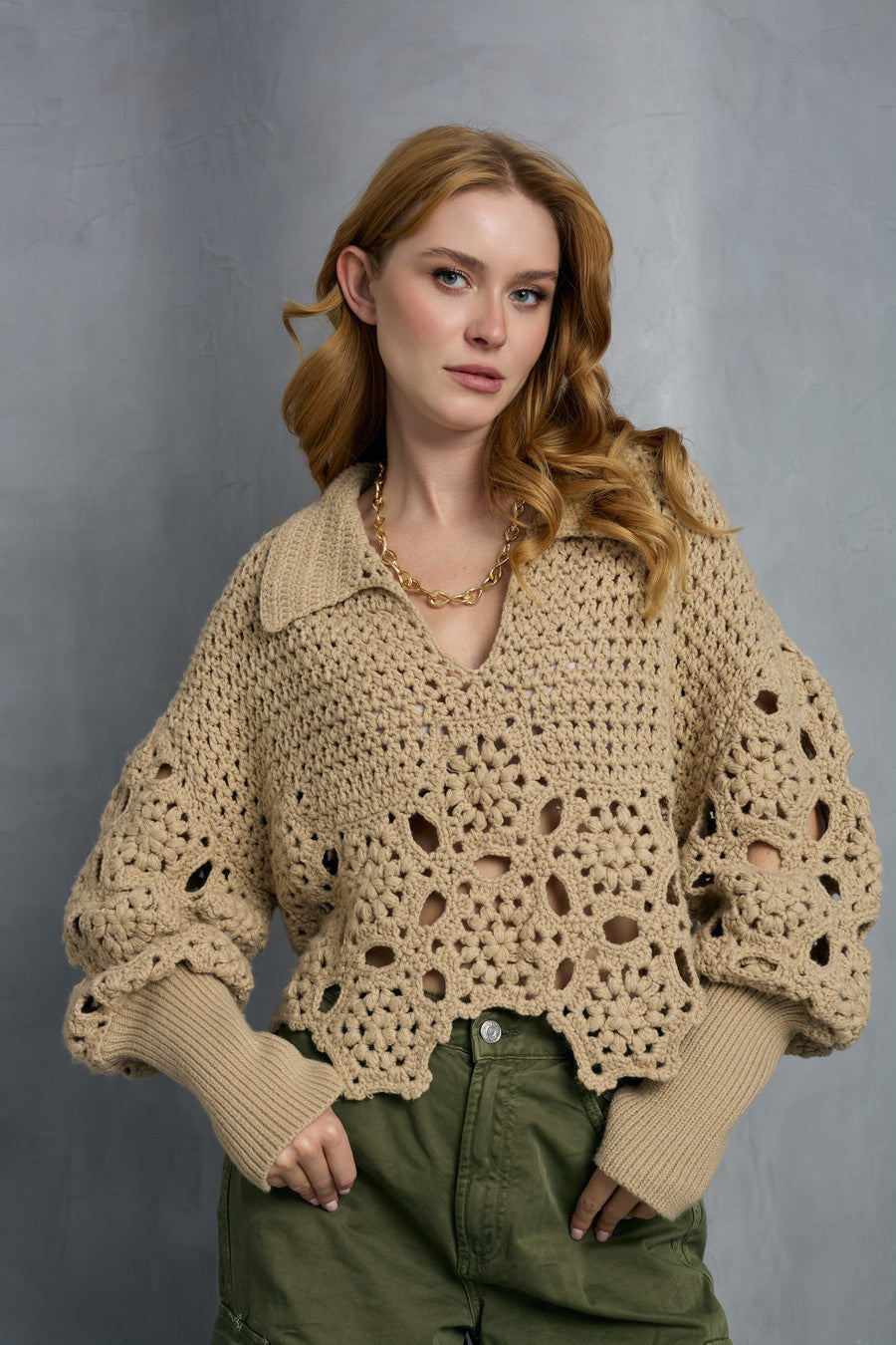 Floral Crochet Pullover Sweater - Beige