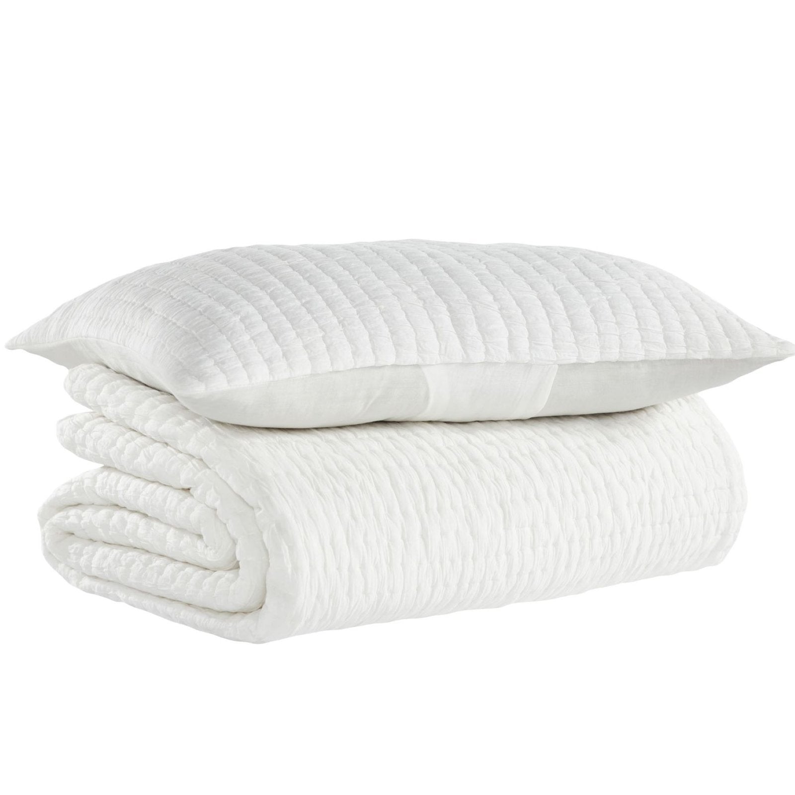 QT-359-9496_8|Stack of white textured quilt and matching sham, offering complete comfort and cohesive style for bedding ensemble.