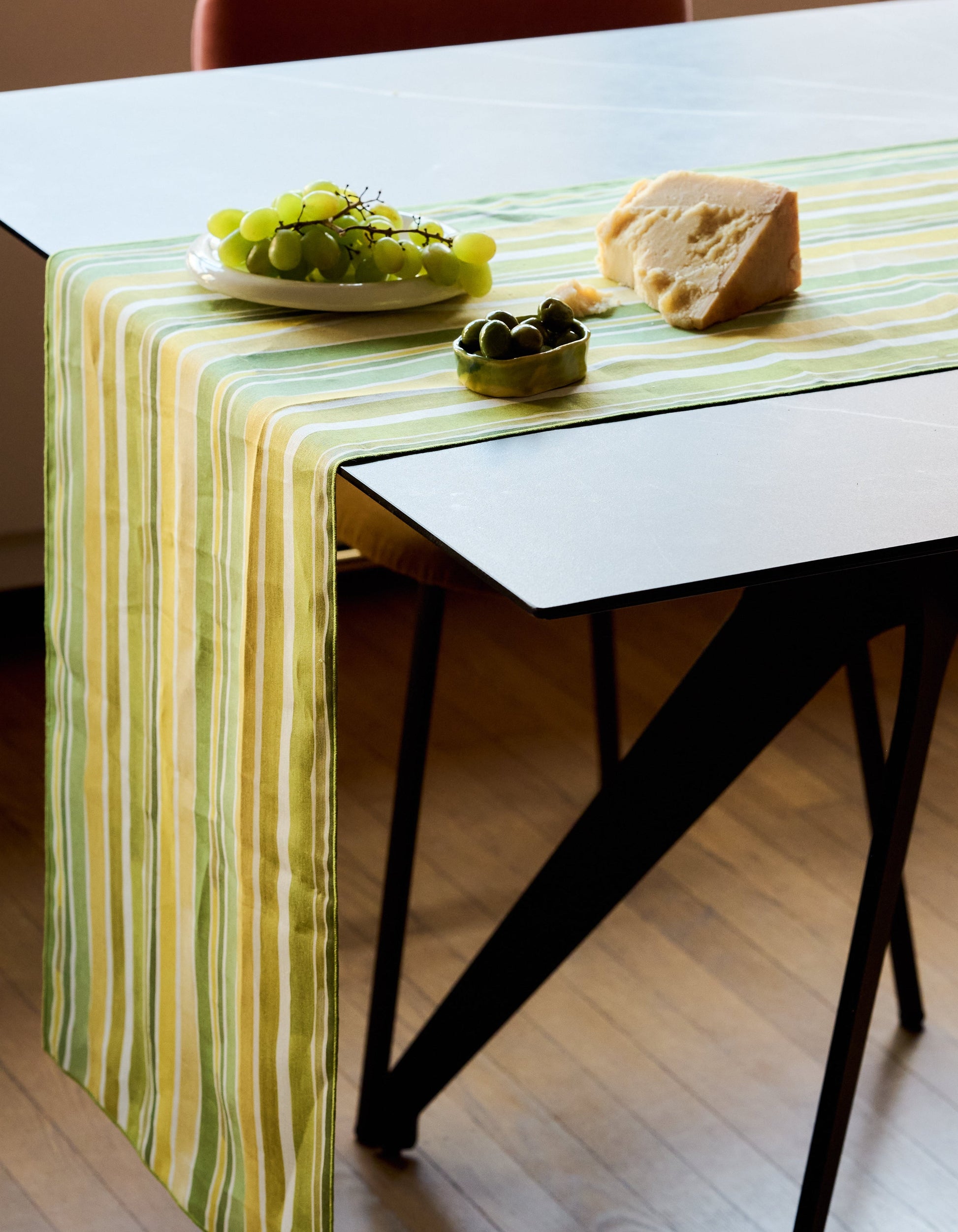 Lagos Stripe linen table runner 16x90 hand-painted in vibrant green mustard and golden yellow - Goldie Home