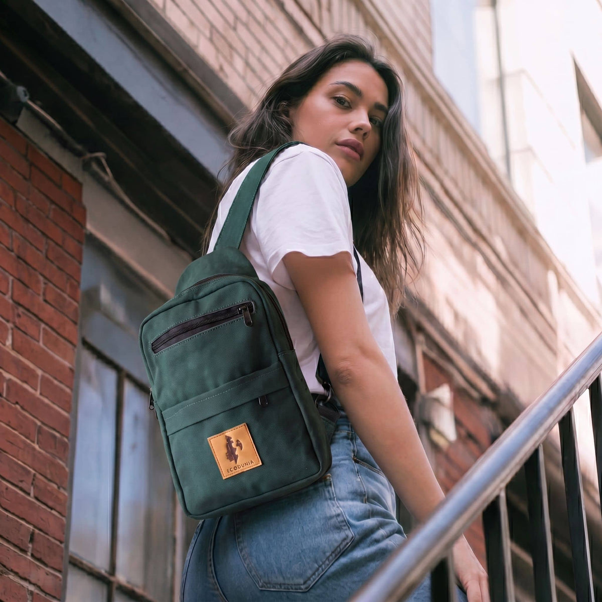 Umoja large canvas crossbody sling bag in forest green — Ecodunia #color_forest-green