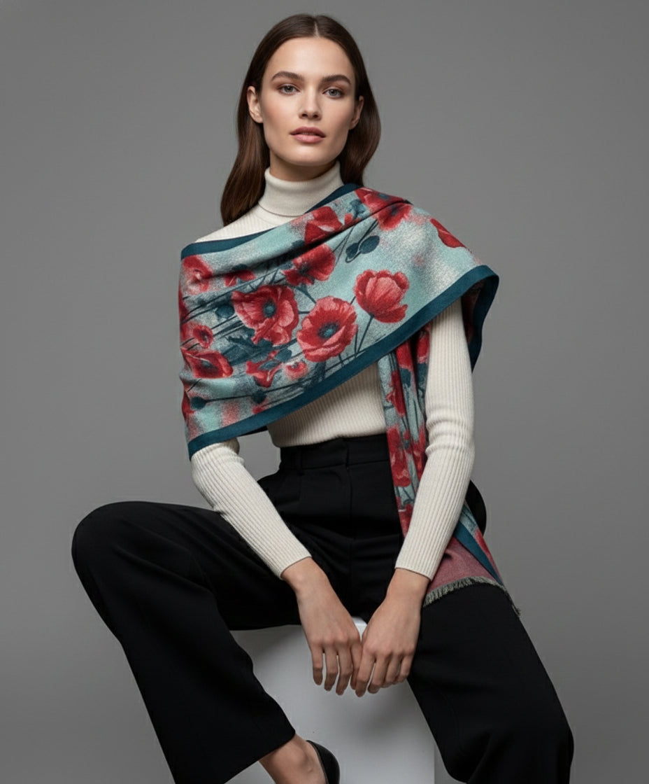Poppy Bold Reversible Scarf - Turquoise