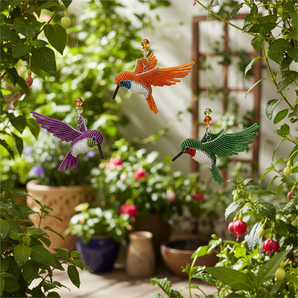 Handmade beaded hummingbird ornaments hanging in a lush garden patio – colorful garden decor