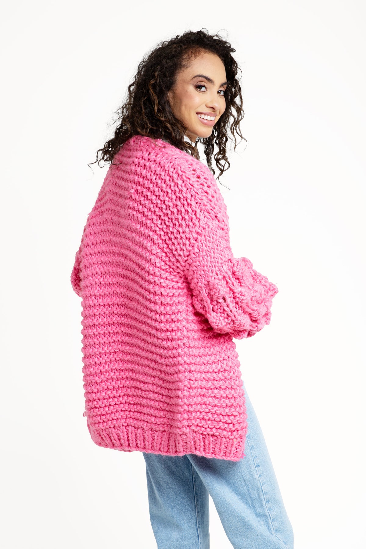 Knit Cardigan With Bauble Sleeves - Hot Pink