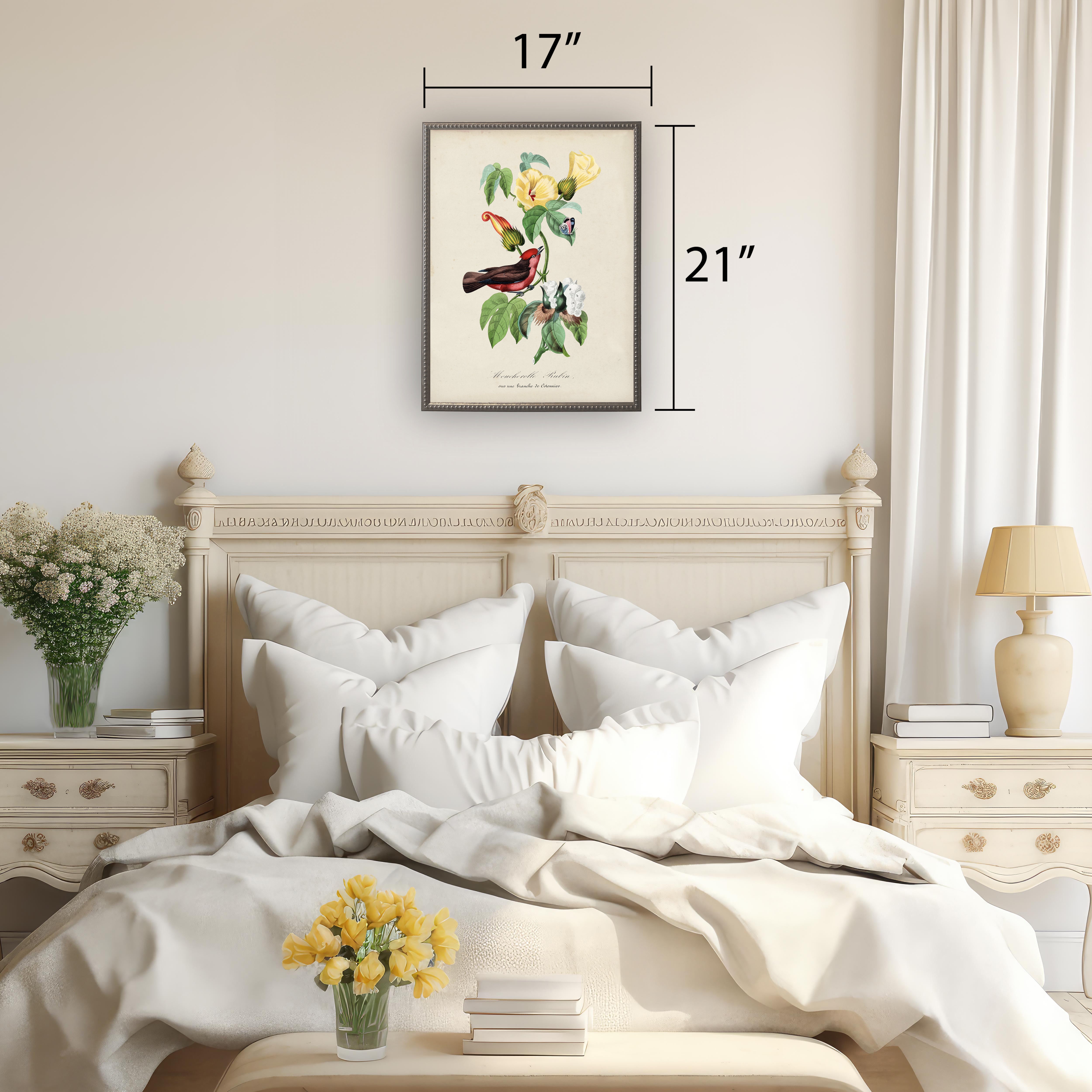 Flycatcher and Flower Print in Beaded Pewter Frame