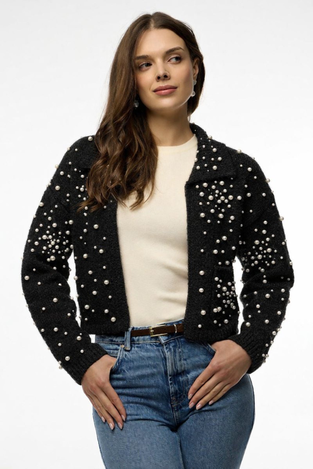 Pearl Collared Open Cardigan - Black