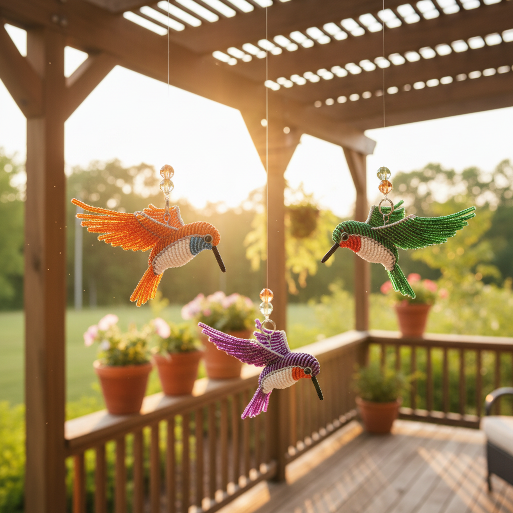 Beaded hummingbird set of 3 hanging on sunny porch pergola – handcrafted outdoor home decor