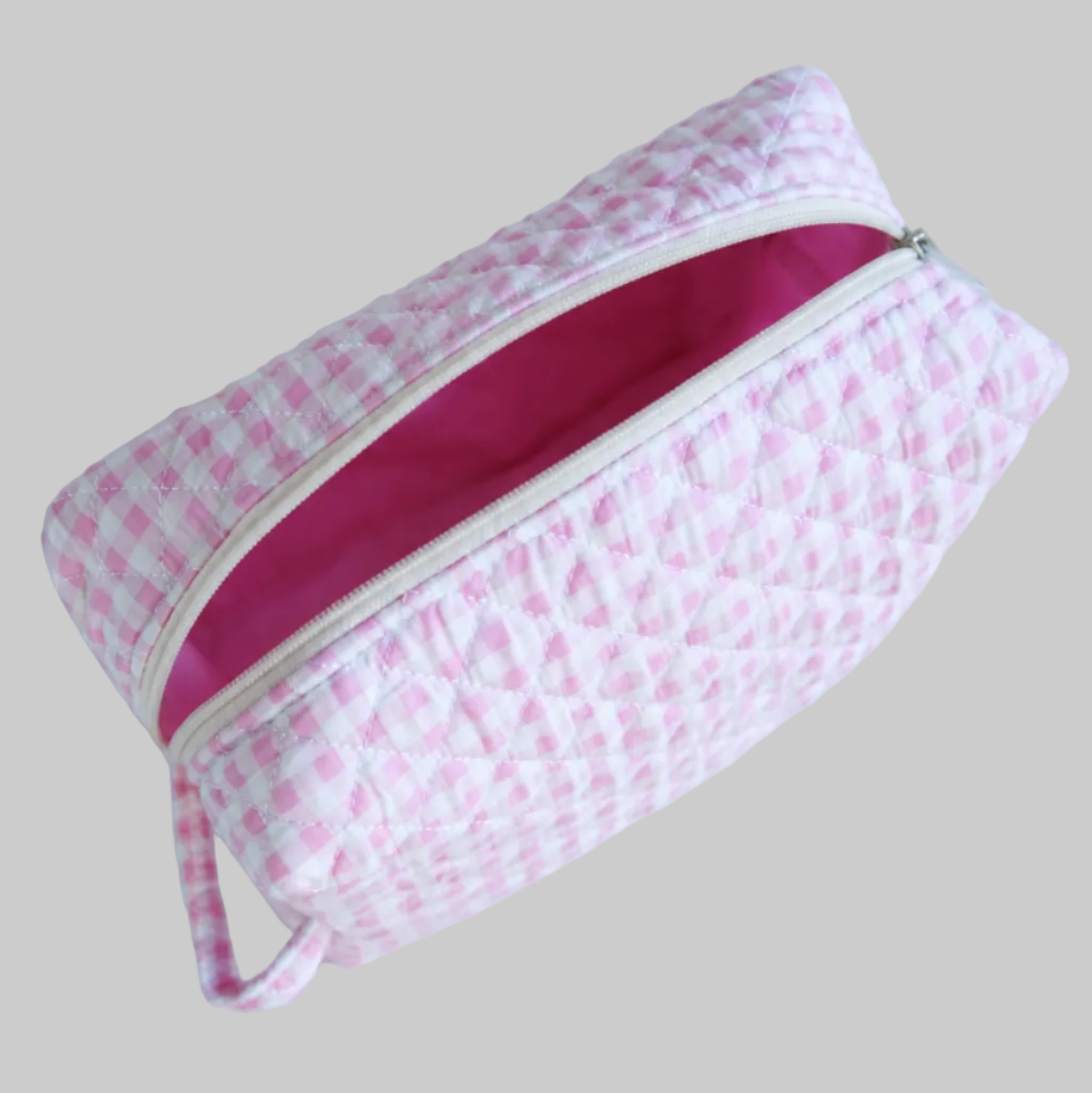 Gingham Pink Make-up Bag Large detail — pink gingham check on premium cotton