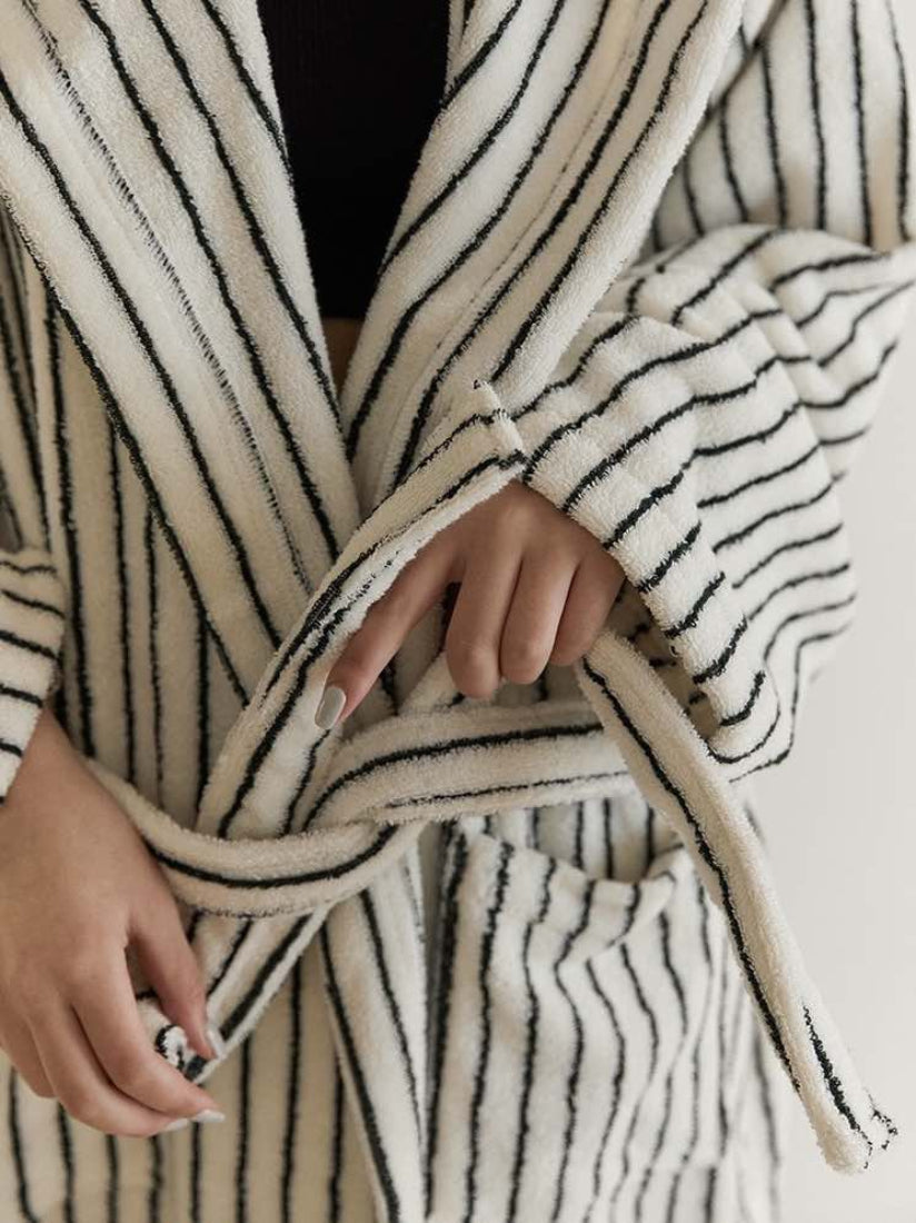 Retro 100% ORGANIC Long - stapled Cotton Hooded Stripe Bath Robe - Retro Striped Bath Robe - INSPECIAL HOME