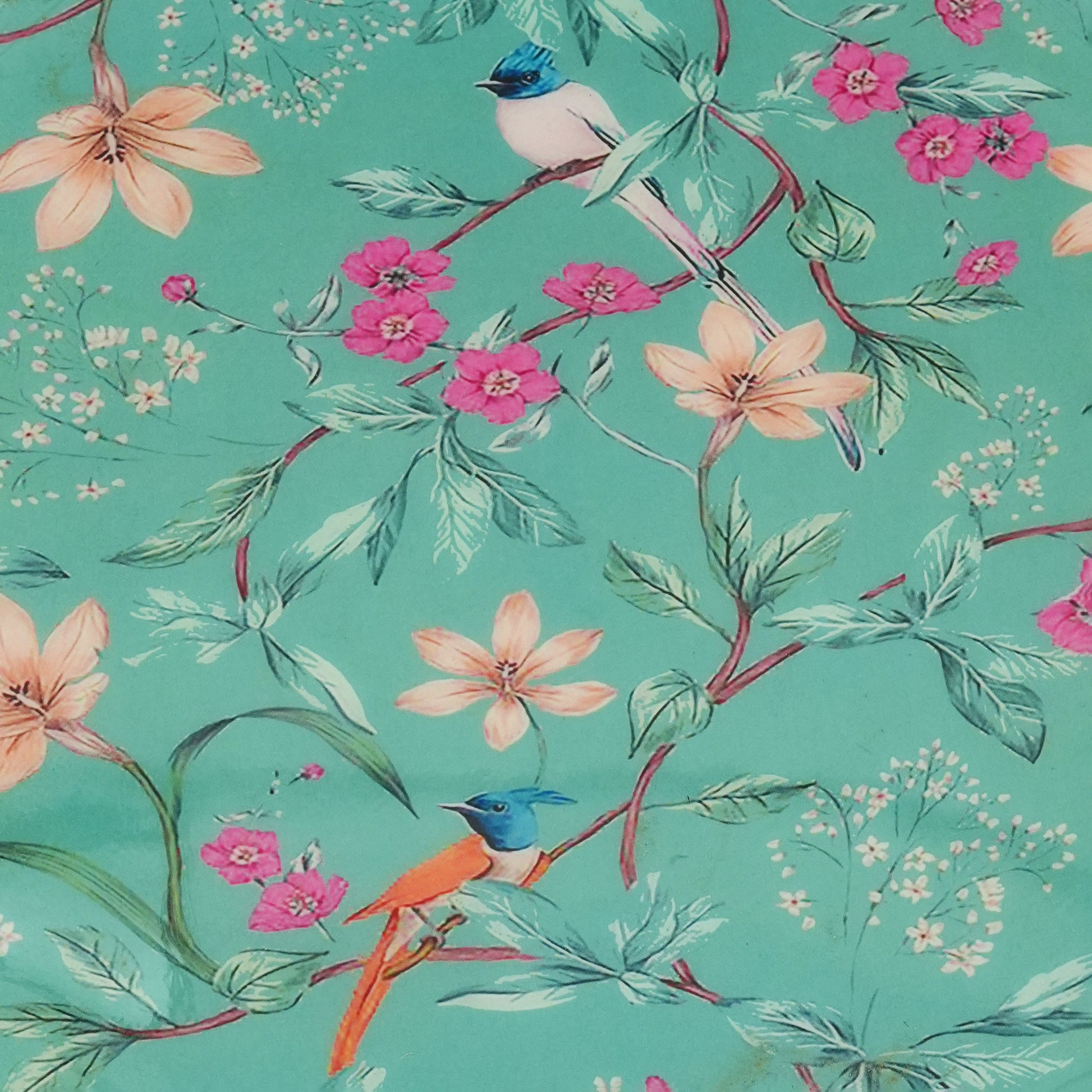  Detail shot of the hand-applied floral enamel finish and smooth mango wood pedestal stem.