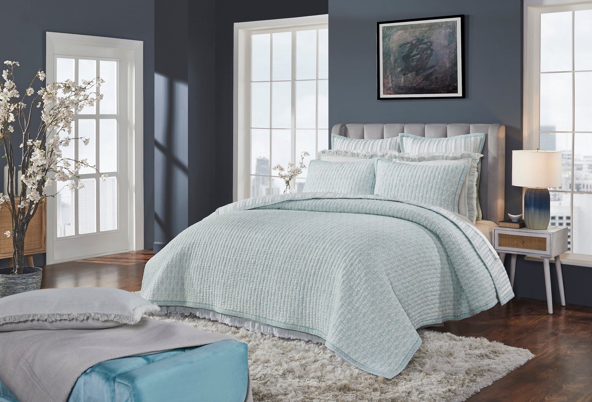 QT-347-11096_2|Inviting bedroom featuring a complete blue patterned quilt set, including a cozy quilt and coordinating ruffled shams, for comfort.