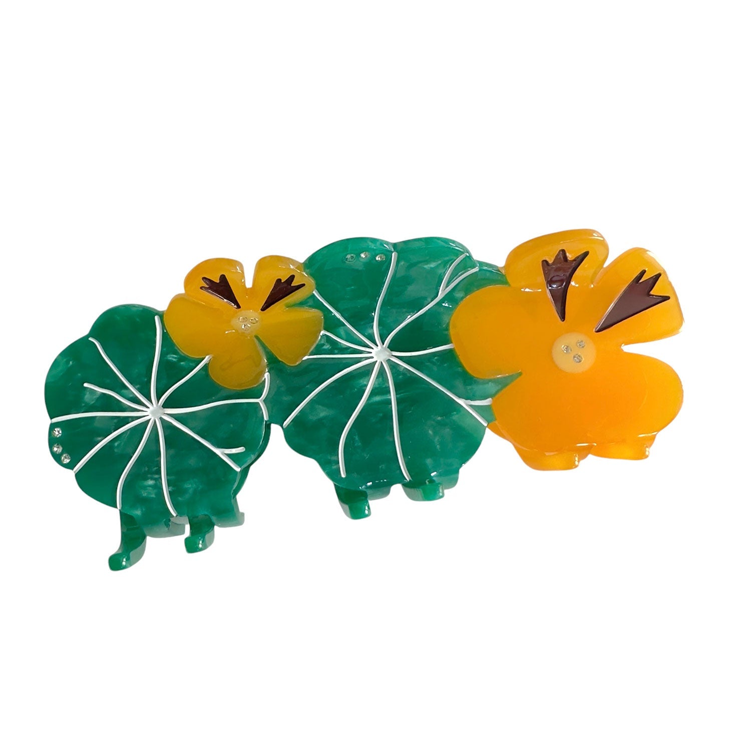 Nasturtium garden green and orange hair claw for a sustainable gardening . Handmade on cellulose acetate, with splice technique, exquisite miniature details and crystals, that are tied directly to its value and make them unique and special. 