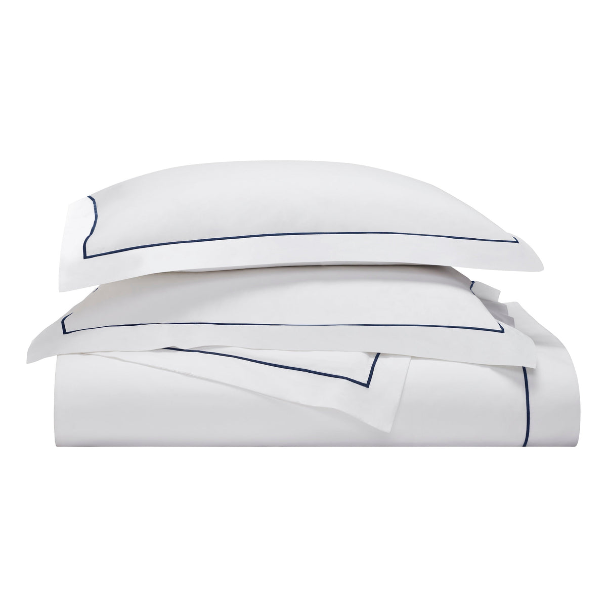 BS-070-1216_3|Stacked luxury white duvet cover set with sharp navy blue borders. Elegant and tailored cotton bedding for modern bedrooms.