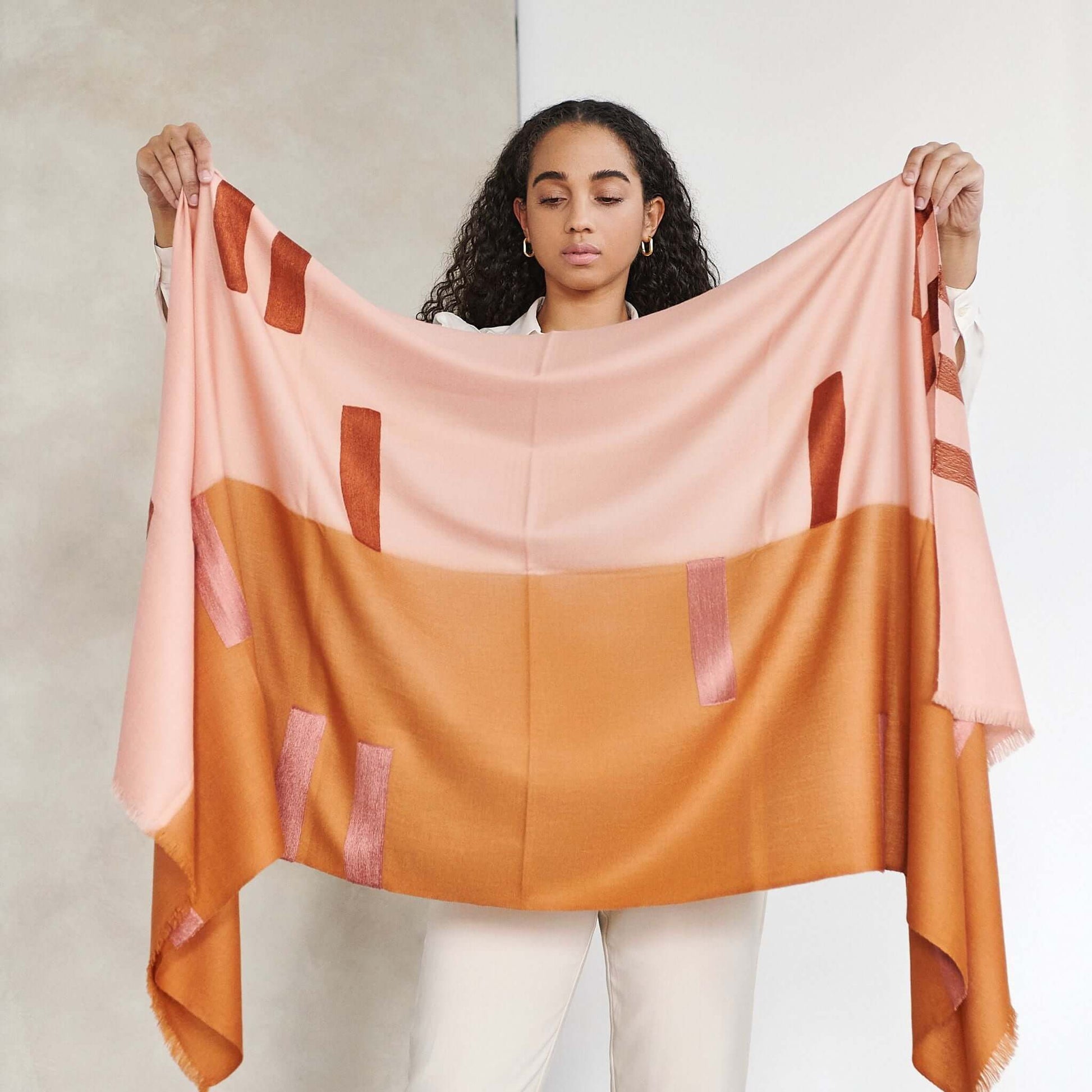 Canyon Hand Embroidered Hand Woven Merino Silk Soft Scarf displayed by a model, showcasing artisanal craftsmanship.