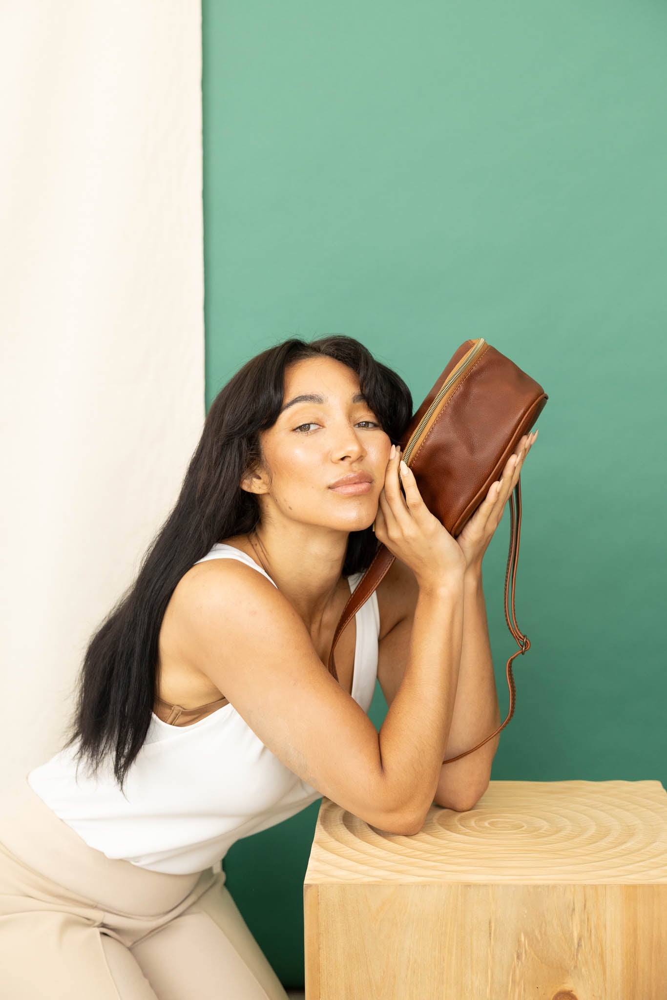 hip bag in brown from our spring collection close up view.