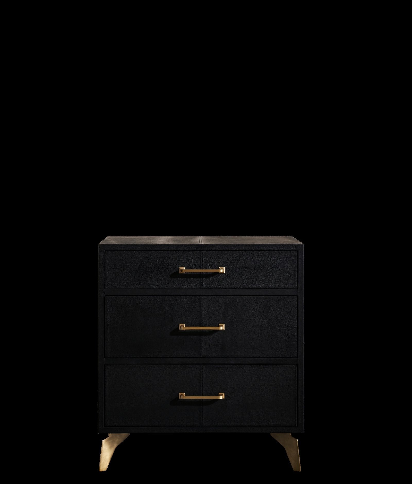 FN-5200-262028_8|Modern black leather furniture dresser with three drawers, gold hardware, and brass-tipped legs, a focal point in any room.