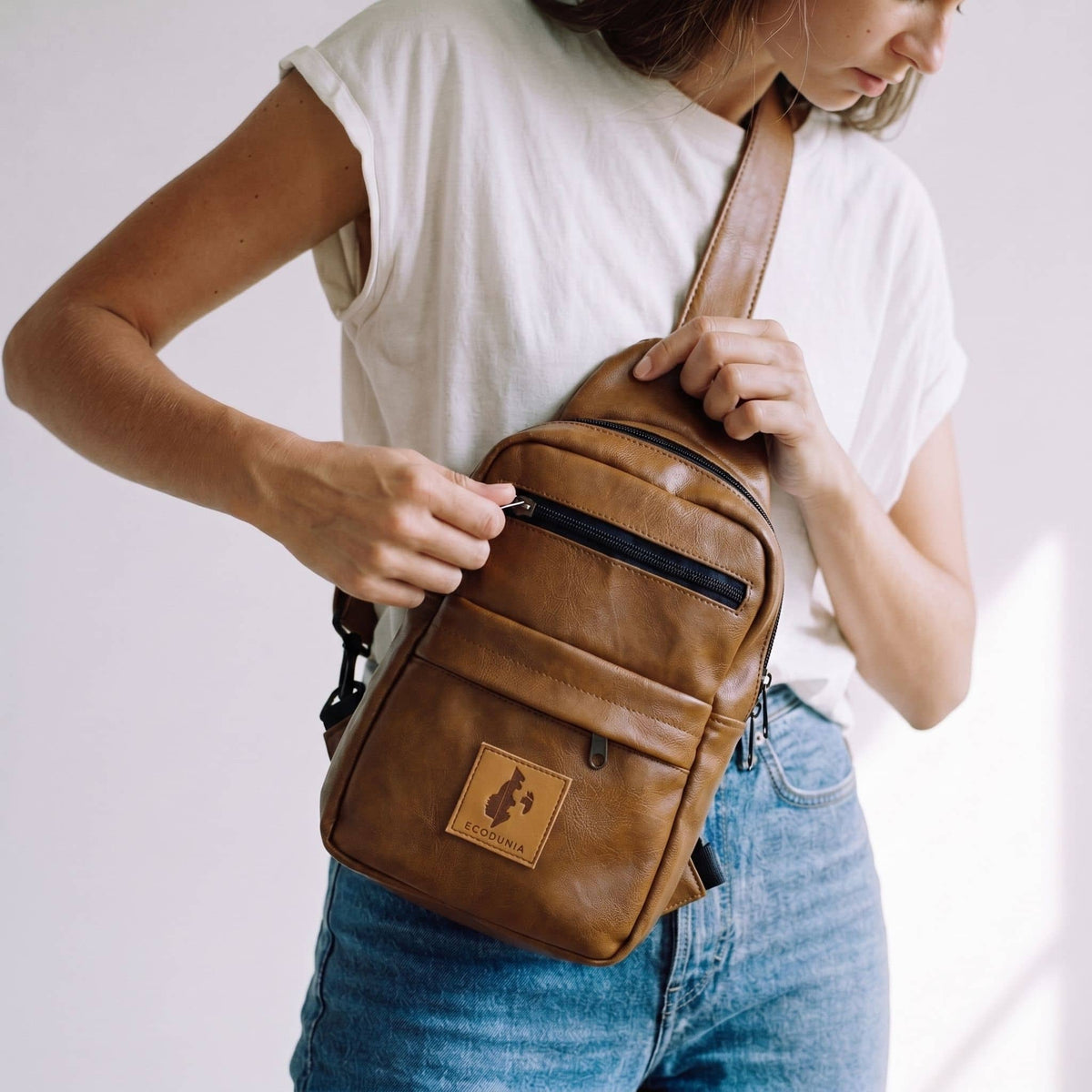 Umoja dark tan vegan leather large crossbody sling bag — Ecodunia #color_brown
