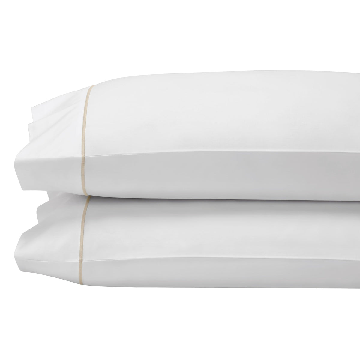 ASP-531-2032_1|Two stacked white 100% cotton pillowcases, sateen weave, featuring a single tan piped detail on the open end.