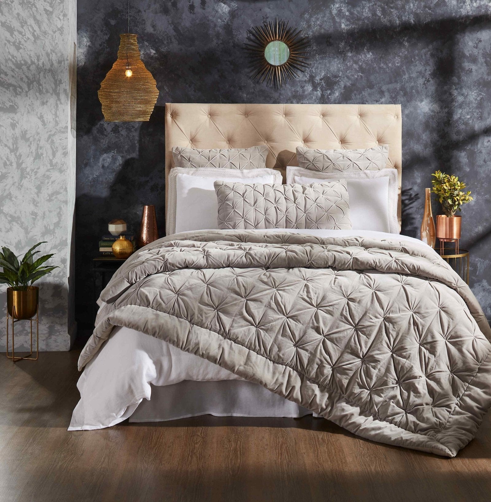 QT-327-9496_1|Stylish grey quilted bedspread with a unique pinched geometric pattern, adding texture and modern elegance to any room.