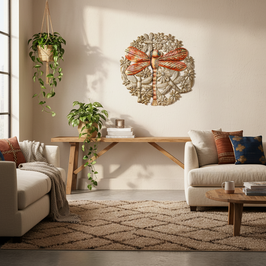 Painted King of the Dragonflies Haitian metal art in bohemian living room wall decor – RND03922