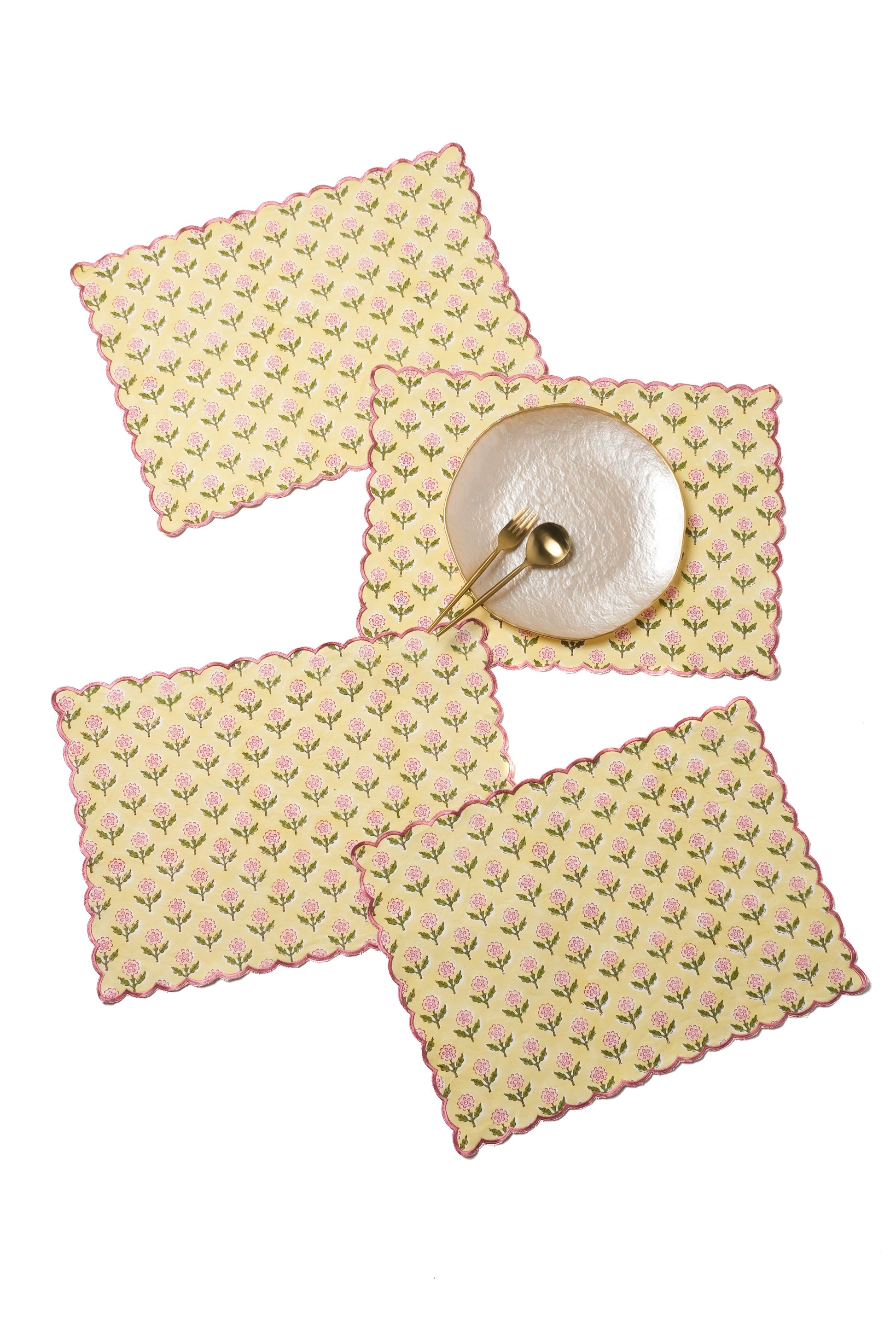 Butter yellow scalloped embroidered blockprint placemats from Inner Child