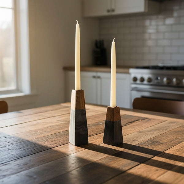 sculptural candleholder styled on table with candle