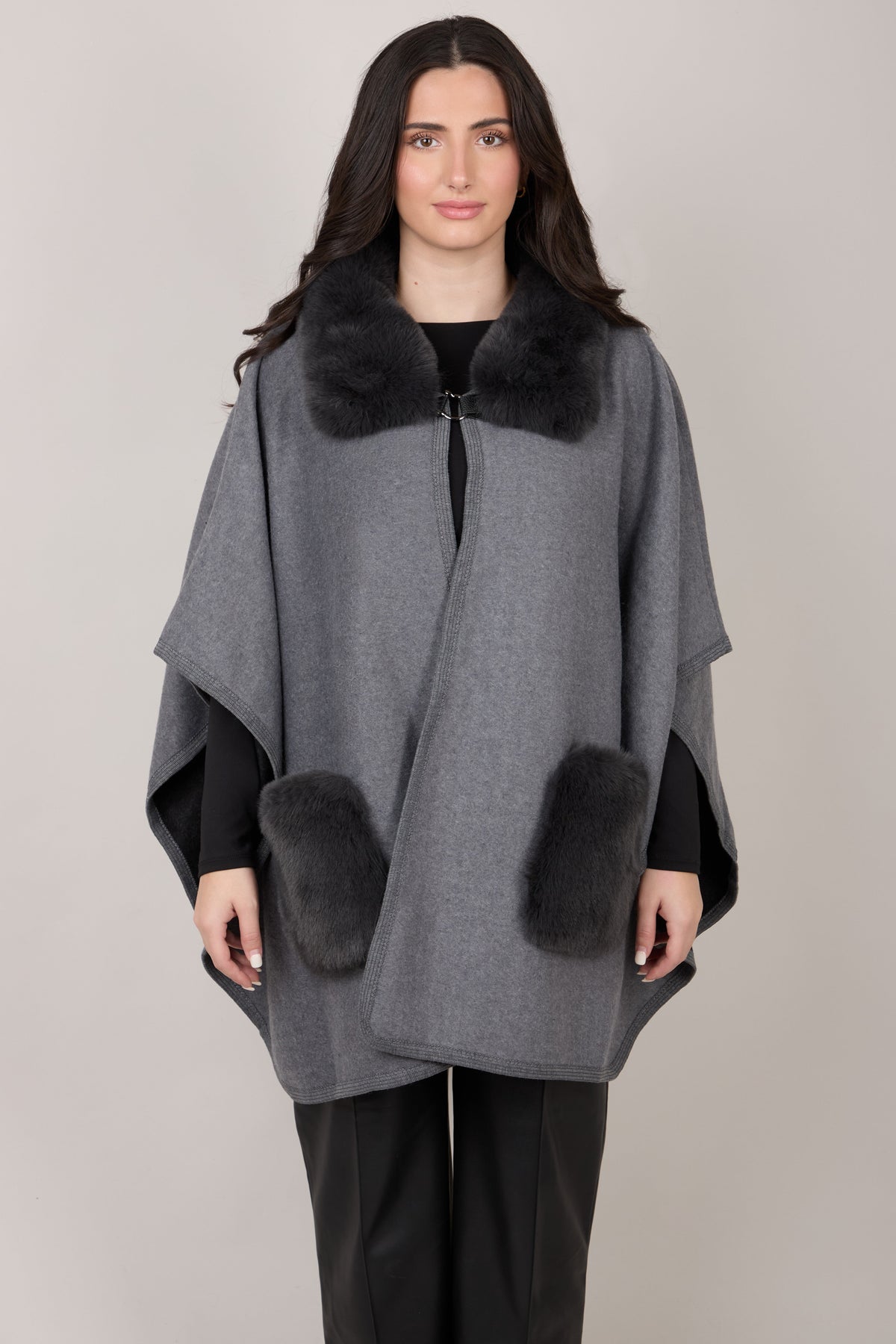 Faux Fur Pocket Kimono - Dark Gray