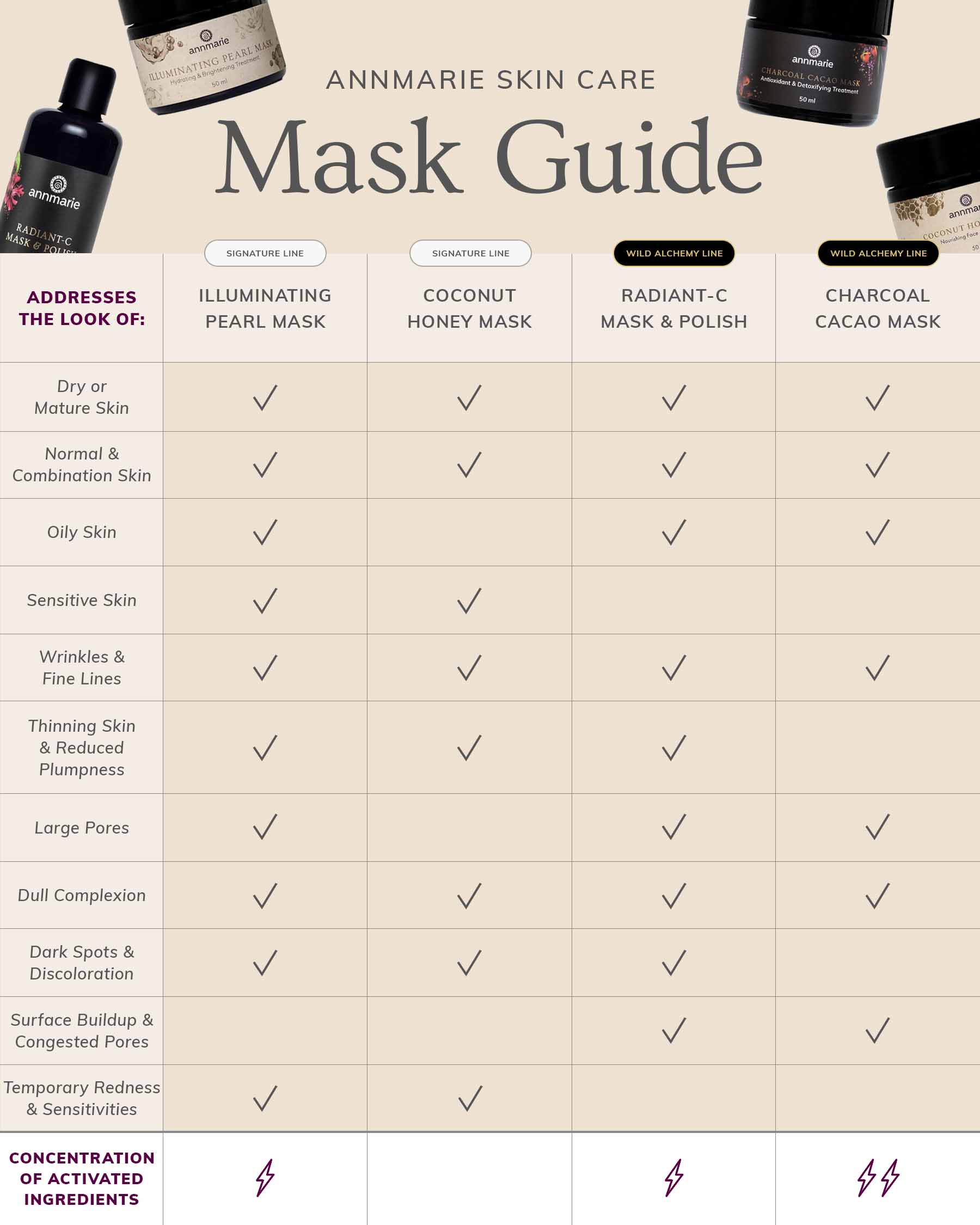 Annmarie Skin Care mask guide chart comparing Illuminating Pearl Mask, Coconut Honey Mask, Radiant-C Mask & Polish, and Charcoal Cacao Mask for different skin concerns and skin types.