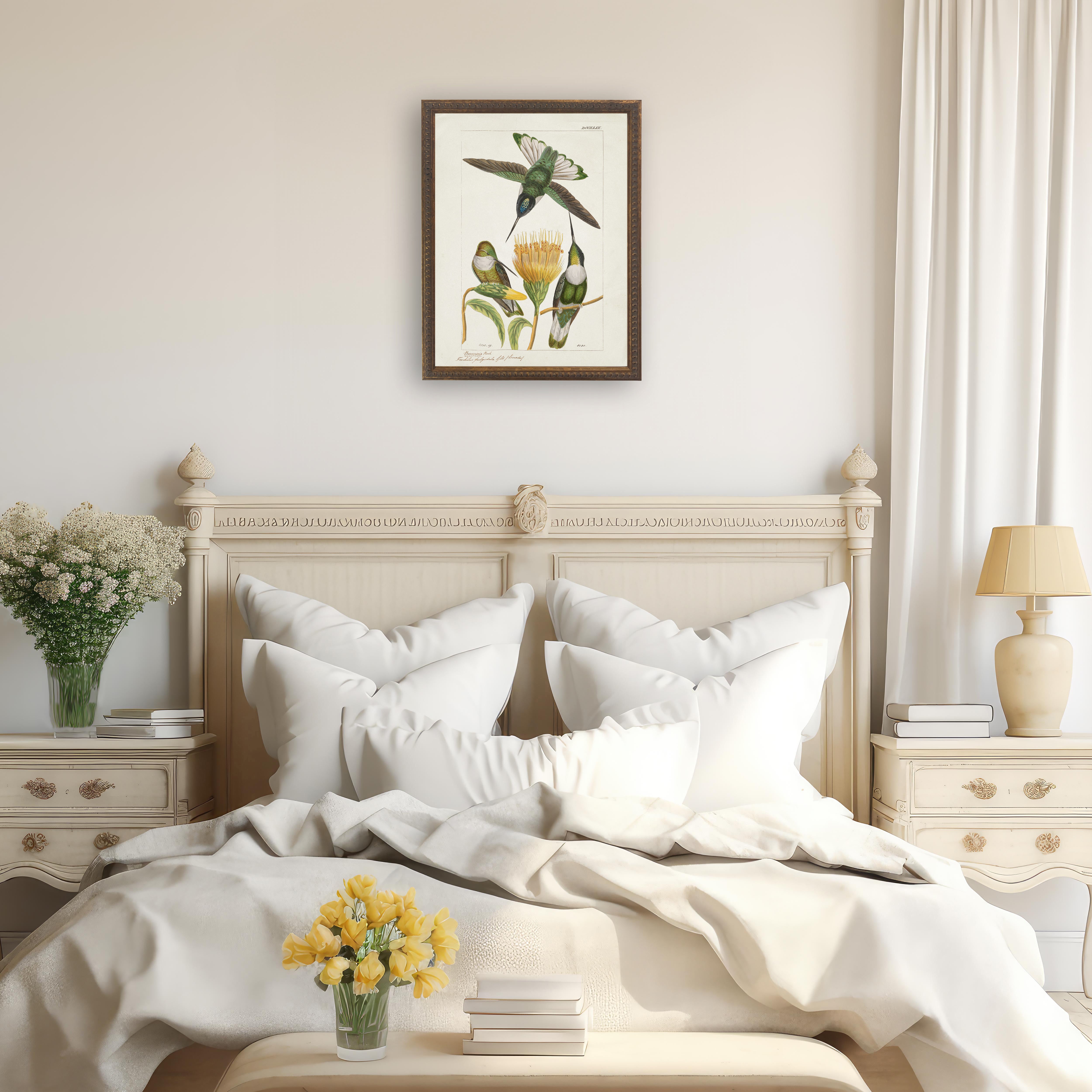 Hummingbirds and Yellow Flower in Bronze-Beaded Frame