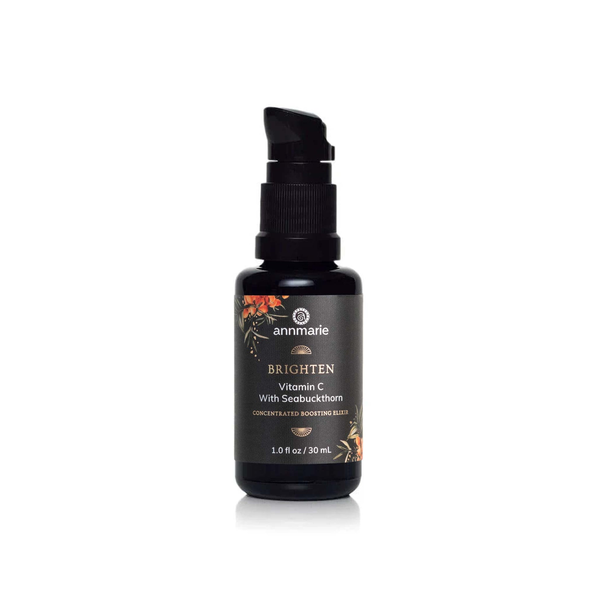 Brighten Vitamin C with Seabuckthorn concentrated boosting elixir bottle displayed with plain white background.