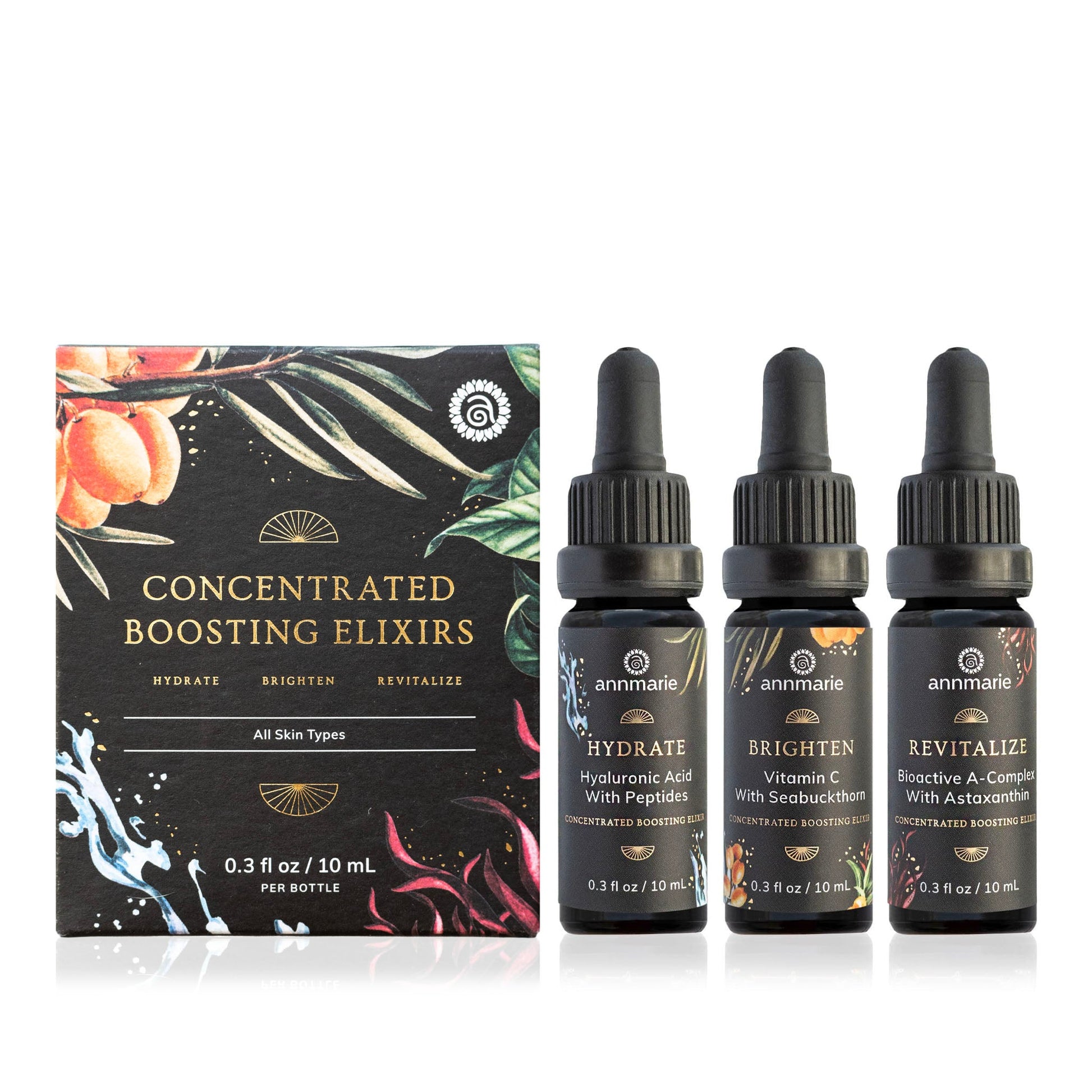 Concentrated Boosting Elixirs set featuring Hydrate, Brighten, and Revitalize formulas with dropper bottles displayed beside the product box.