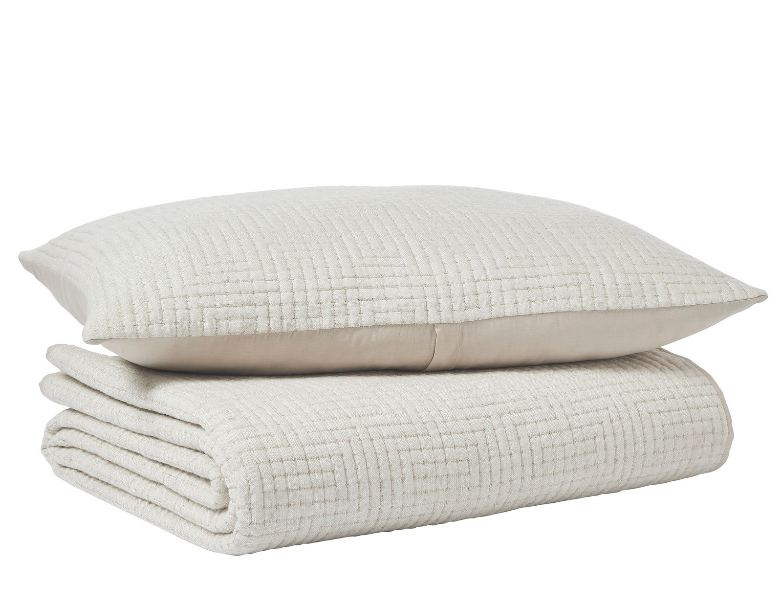 CL-259-9496_6|Folded off-white textured geometric pattern coverlet and matching pillow for a cozy, stylish bedding set.