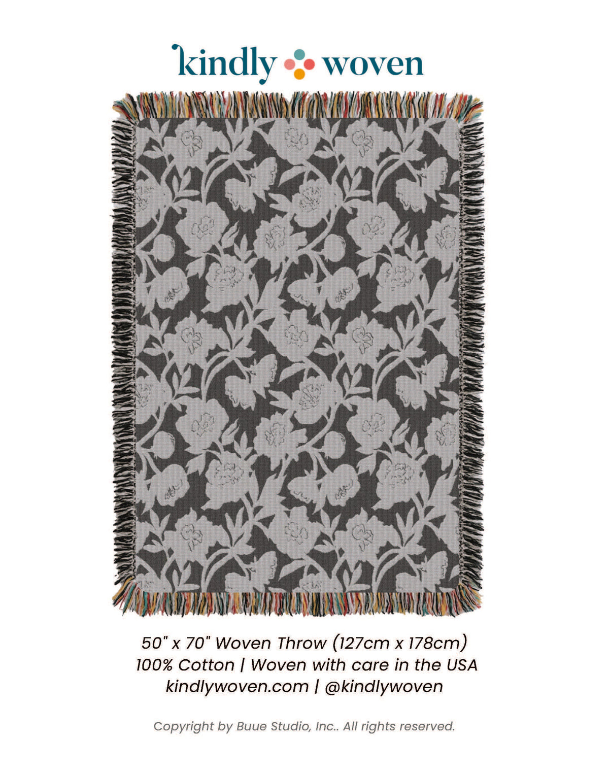 Full view of Addy Tuffet neutral floral reversible woven throw blanket with fringe