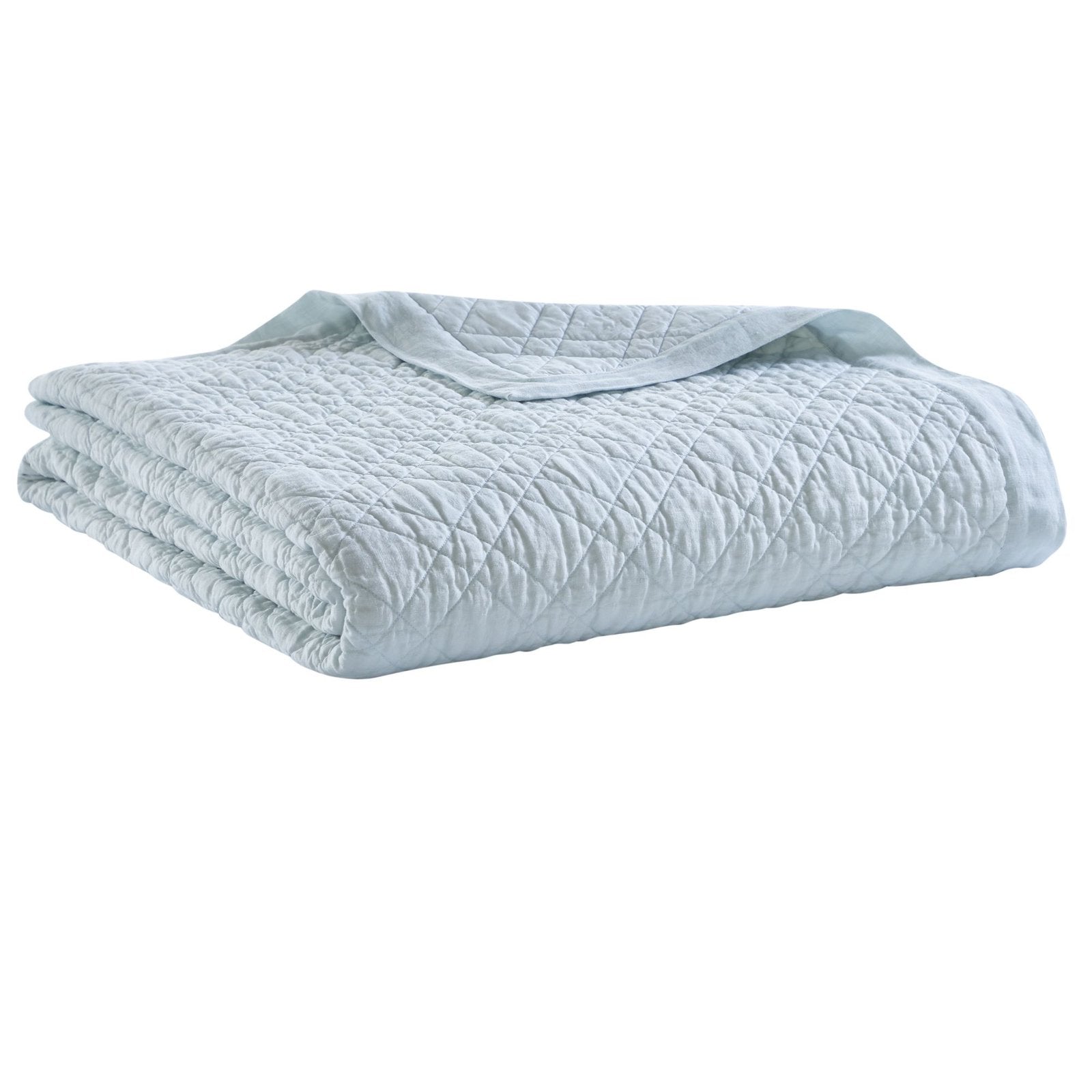 CL-255-9496_5|Soft light blue quilted coverlet, neatly folded. Perfect serene bedding with a modern diamond pattern for comfort.